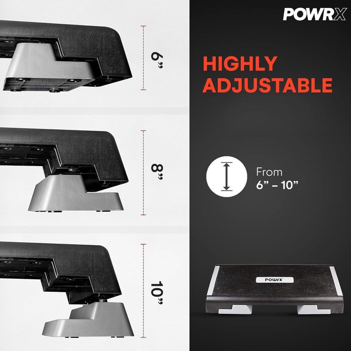 Професійний фітнес-степер POWRX Aerobics (89 x 34 см) Тренування на степері вдома або в тренажерному залі Регульована висота Нековзка поверхня Елегантний чорний колір