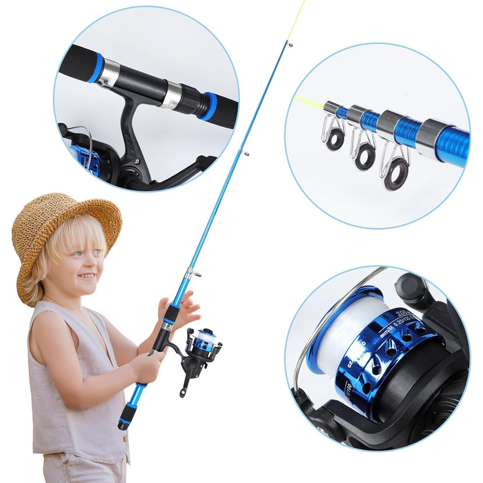 Рибальський набір для дітей, телескопічна вудка та котушка 180 см, дитячий стартовий набір для риболовлі, набір вудок для дітей з рибальською котушкою, набір приманки та сумки для перенесення, рибальські аксесуари для дітей, синій