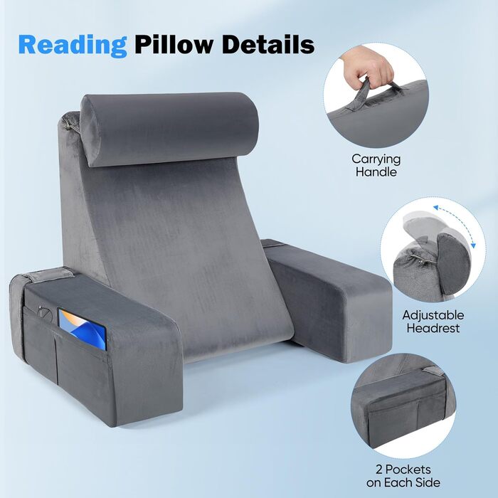 Ергономічна подушка для читання зі знімним підголівником та підлокітниками, з підтримкою спинки для ліжка, дивана, підлоги, регульована для читання, роботи та відпочинку, сіра