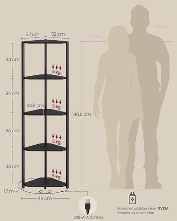 Кутова полиця VASAGLE з 5 полицями, книжкова полиця з регульованим світлодіодним освітленням, сталевий каркас, 24,8 x 48 x 146,6 см, для вітальні, спальні, кабінету, чорний колір Ebony LBC590B02