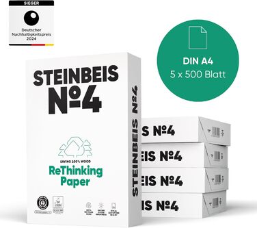 Папір для принтера Steinbeis No. 4 перероблений папір формату DIN A4 80 г/м, білий і без хлору, 2500 (5 x 500) аркушів високоякісного копіювального паперу ISO 100 / CIE 135