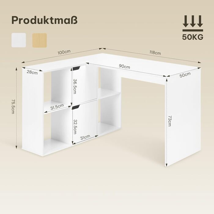 Г-подібний письмовий стіл eSituro, кутовий стіл з полицями, білий, 120x100x75 см, комп&39ютерний стіл, офісний стіл, ПК-стіл з місцем для зберігання, для кабінету, вітальні, спальні