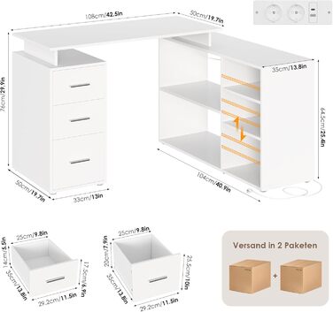 Кутовий письмовий стіл FirFurd з подовжувачем, L-подібний комп&39ютерний стіл з книжковою полицею та шухлядами, кутовий стіл з місцем для зберігання, ПК-стіл для навчання/домашнього офісу, 129 x 104 x 76 см, білий
