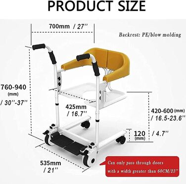Крісло колісне для душу та туалету з алюмінієвим сплавом, багатофункціональний підйомник для перевезення пацієнтів похилого віку та інвалідів з м'яким сидінням, використання в жовтому кольорі BasicEdition
