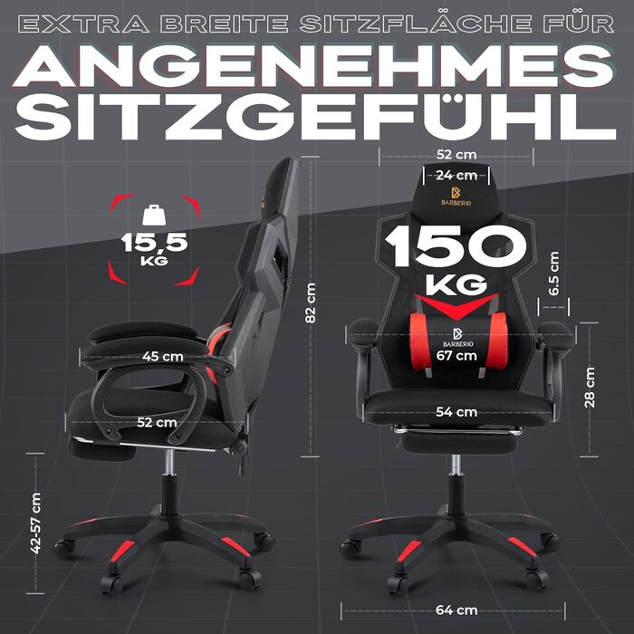 Ергономічне ігрове крісло BARBERIO, офісне крісло, вантажопідйомність 150 кг, повітропроникна сітка, з підставкою для ніг, регульовані підлокітники, сидіння 54 см, поворот на 360, подушка для поперекової підтримки, регульована висота (чорно-червоне)