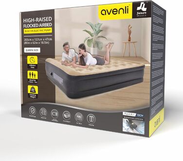 Самонадувальний надувний матрац/ліжко AVENLI для 2 осіб, 203x157x47 см, надувне гостьове ліжко з вбудованим насосом, надзвичайно висока спальна поверхня, флокована поверхня для кемпінгу та дому