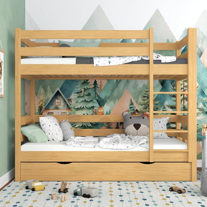 Двох'ярусне ліжко з шухлядою 120х180 см, дитяче ліжко для 2 дітей, 2 сторони складання сходів ліва або права, закруглені краї, міц