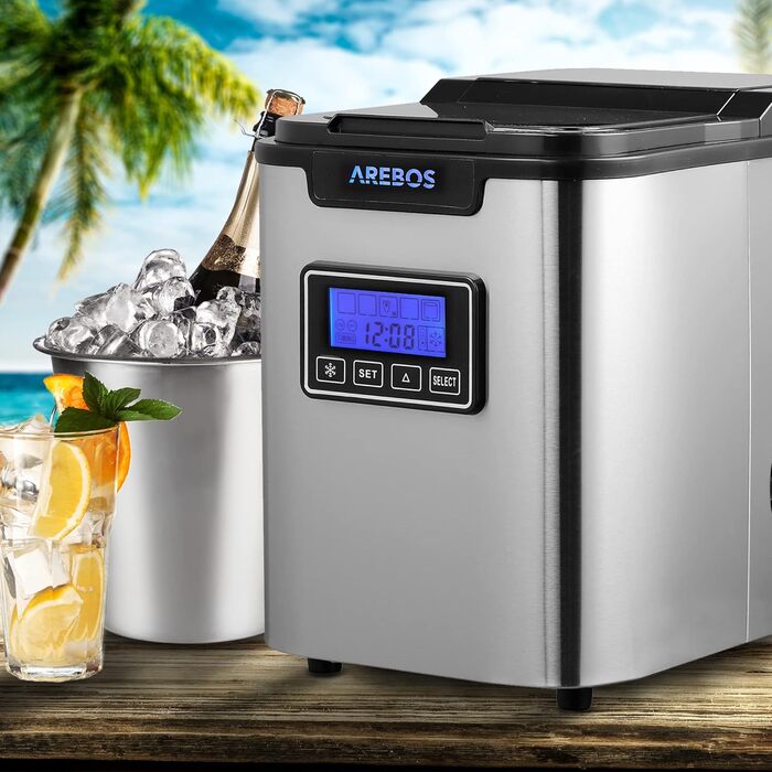 Машина для виробництва кубиків льоду Arebos Льодогенератор 12 кг / 24 год Час виготовлення 10-15 хвилин 3 розміри кубиків льоду Резервуар для води 2,2 л Льодогенератор Таймер і РК-дисплей Функція самоочищення