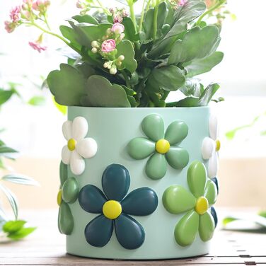 Барвистий квітковий горщик, милі унікальні кашпо для кімнатних рослин, вінтажні ретро еклектичні рослинні горщики з дренажем, сучасний бохо-горщик для домашнього декору, стильний подарунок для саду, зелений 12,5 см