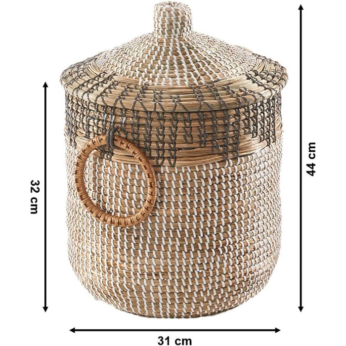 Кошик Kobolo BIRA зі зміями та морською травою Ø 31 см, В 44 см Кошик ручної роботи з кришкою бежевого кольору Органайзер Декоративний кошик Виготовлений з натурального матеріалу для іграшок, газет або книг