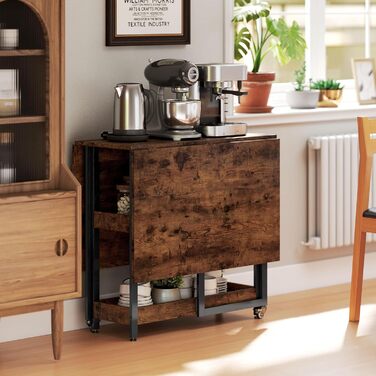 Розкладний обідній стіл, Кухонний стіл для 2-4 осіб з 2 відкритими полицями, Розкладний обідній стіл на колесах для невеликих приміщень, Їдальня, Кухня, 133,4 x 80 x 75 см, Колір рустик-коричневий