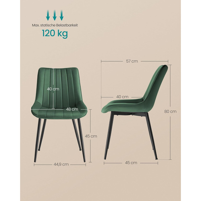 Комплект обідніх стільців з 2 шт. , Кухонний стілець, Оксамитовий, М&39який стілець, Витримує вагу до 120 кг, Сталеві ніжки, Вигнута спинка, Для їдальні, Кухня, Зелено-чорний LDC090C01 Зелений комплект з 2 шт.