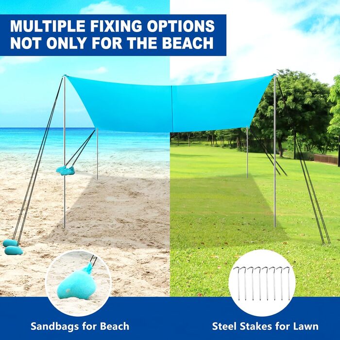 Портативний сонцезахисний намет з 2 стійками, пляжний намет для захисту від сонця, сонцезахисний тент для пляжу, саду, кемпінгу, патіо, 215x200 см (2*2 м), 2 стійки