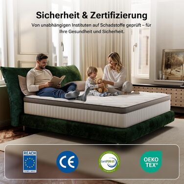 Матрац TXO 140x200 см, висота 25 см, пружинний матрац кишенькової форми, рівень жорсткості H3, 7-зонний пружинний матрац з високоякісною піною для підтримки спини, сертифікований Oeko-Tex та CertiPUR, 140 x 200 см