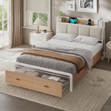 Ліжко 140x200 см, металевий каркас ліжка, основа ліжка з рейковою основою, зарядна станція, 2 шухляди, металевий каркас та дерев&39яне узголів&39я з місцем для зберігання, для спальні, гостьової кімнати, білий натуральний 140 x 200 см білий натуральний