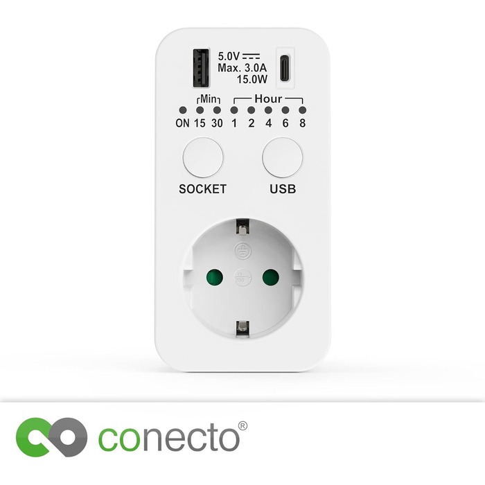 Таймер розетки conecto, розетка зворотного відліку, таймер 230 В, розетка таймера USB і USB-C, розетка програмованого таймера, 2300 Вт, білий