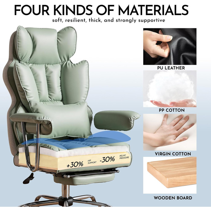 Ергономічне офісне крісло Efomao, крісло керівника зі штучної шкіри, офісне крісло вантажопідйомністю 200 кг з підставкою для ніг та поперековою опорою, регульоване крісло з високою спинкою, світло-зелене