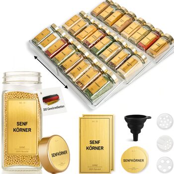 Банки для спецій з полицею 24 x 120 мл, включаючи 300 етикеток для спецій DE - Полиця для спецій з банками - Шухляда для органайзера для спецій - Шухляда для полиці для спецій з банками, система полиць для спецій, золота полиця Золота аура