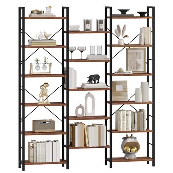Книжкові полиці Hzuaneri, окремостоячий стелаж, полиця з 17 полицями, 6 ярусів, регульована відстань, 24 x 152 x 186 см, вантажопідйомність 340 кг, вітальня, офіс, вінтажний коричнево-чорний BC10101B