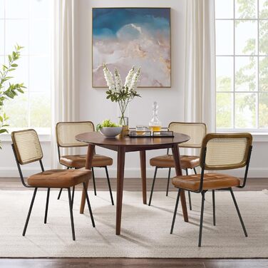 Обідні стільці Zouron з ротанга, комплект з 2 шт. , коричнева штучна шкіра - сучасні обідні стільці середини століття з трубчастими спинками, оббиті штучною шкірою, кухонний стілець з ротанга та тростини без підлокітників з чорними металевими ніжками