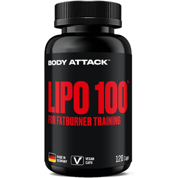 Капсули для спалювання жиру Body Attack LIPO 100 - з ліпохліном, 200 мг кофеїну, екстрактом женьшеню та зеленого чаю - додаткові вітаміни групи В та цинк - для тренувань та дієти - виготовлено в Німеччині 120 капсул (1 упаковка)
