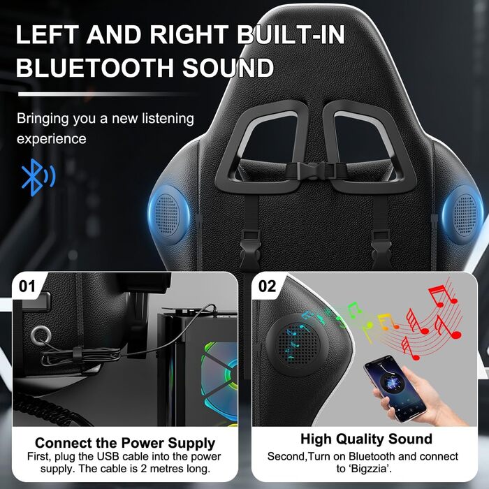 Ігрове крісло з Bluetooth-динаміками, ергономічне крісло для геймерів з підголівником та підтримкою попереку, регульоване по висоті та куту нахилу, ПК-крісло для дітей, підлітків та дорослих (Чорно-біле)