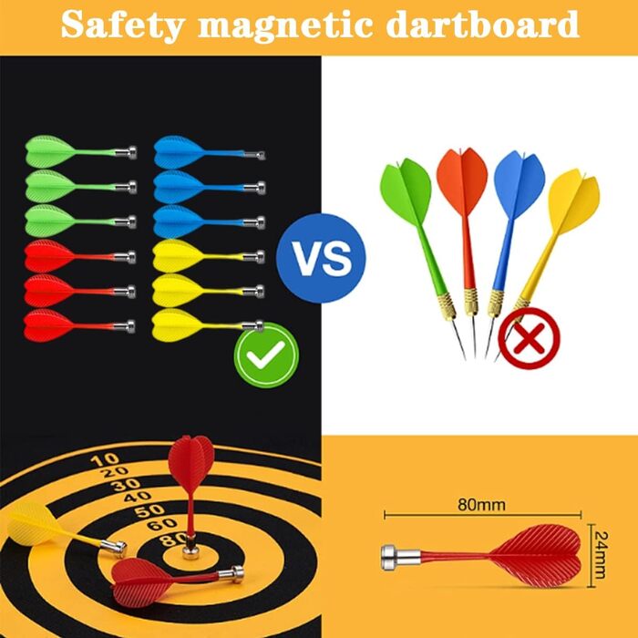 Магнітна мішень для дартсу LiRiQi для дітей з 12 безпечними дротиками, ігри для приміщень та вулиці для дітей/дорослих, двостороння мішень для дозвілля та спорту, подарунки для дітей 4-12 років, 38 см, 2 гачки