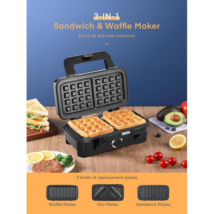 Сендвіч-машина HOUSNAT 3 в 1 - вафельниця, контактний гриль, сендвіч-машина - 1200 Вт з 5-швидкісним регулюванням температури - для бельгійських вафель - Антипригарне покриття - ідеально підходить для сніданку, кемпінгу та багато іншого Чорний
