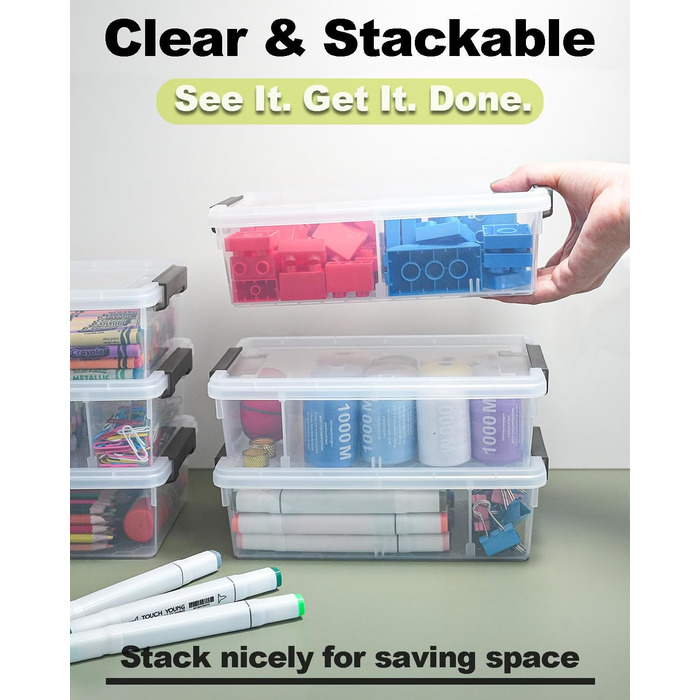 Набір із 6 коробок для зберігання об&39ємом 2,1 л з кришками, маленьких (23,6x15x7 см), потовщених коробок для зберігання з відділеннями, прозорої пластикової коробки з кришкою, штабелюваних коробок для зберігання ручок, будівельних блоків, приладдя для р