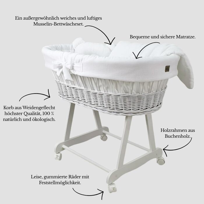 Дитяча колиска з колесами та гальмами Білий кошик Moses з натуральної верби, включаючи матрац та білу постільну білизну зі 100 бавовни, сертифікована Oeko-Tex безпечна та мобільна Модель Amelia