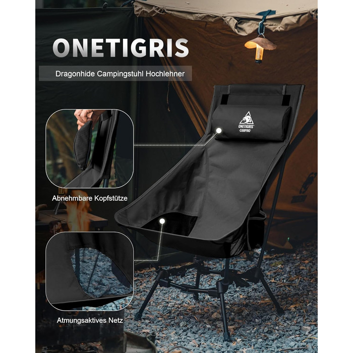 Крісло для кемпінгу OneTigris DRAGONHIDE, висока спинка, складне, вантажопідйомність 125 кг, легке складне кемпінгове крісло, складне рибальське крісло з 2 боковими кишенями, надлегке складне крісло для використання на свіжому повітрі, для походів, чорне