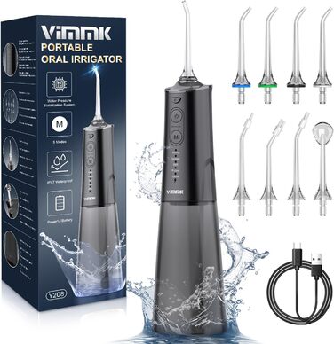 Іригатор порожнини рота Акумуляторний електричний очищувач зубів, Vimmk Dental Irrigator Water Flosser 5 режимів і 8 насадок Акумуляторна нитка для води USB-C IPX7 водонепроникний, резервуар для води 300 мл Очищувач порожнини рота (чорний)