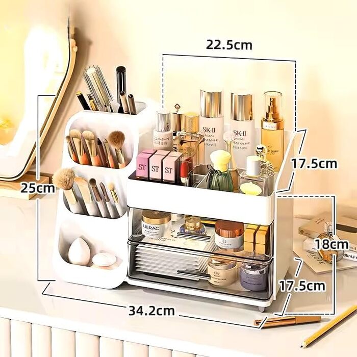 Органайзер для макіяжу преміум-класу з шухлядами містке та безпилове місце для зберігання косметики у вашому туалетному столику великий органайзер для макіяжу коробка для косметичного столика (білий) тримач для пензлів для макіяжу