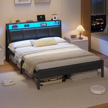 Ліжко 140 x 200, ліжко зі світлодіодним підсвічуванням, м&39яке ліжко 140x200, зарядна станція, каркас ліжка з рейковою основою, для спальні, гостьової кімнати, чорний 140 x 200 см