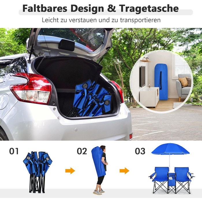 Крісло для кемпінгу COSTWAY на 2 особи з сонцезахисним тентом, сумкою-холодильником, тримачем для напоїв та бічною кишенею, складне рибальське крісло з сумкою для перенесення, складне крісло для кемпінгу, риболовлі, пікніка (темно-синє)