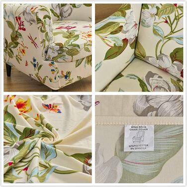 Чохол для крісла Highdi з 2 частин, чохли для крісел, чохли для крісел з крилами, еластичний чохол для крісла &quotТигр&quot з підлокітниками, висока спинка, універсальний (квітка та листя), зелена пружина