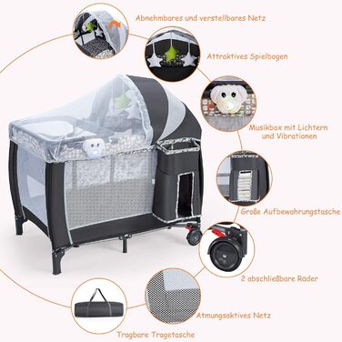 Складане дорожнє ліжечко COSTWAY 3 в 1, пеленальний столик та манеж зі знімною та регульованою москітною сіткою, включаючи музичний мобіль, ігрову арку, пеленальний килимок, матрац, органайзер для підгузків та сумку для перенесення