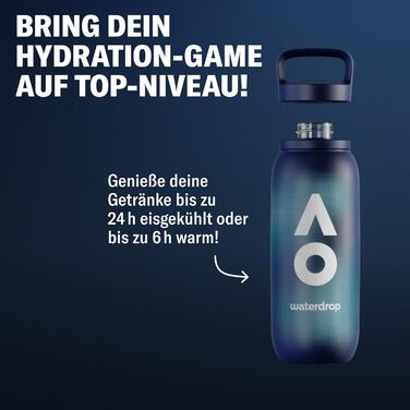 Пляшка для води waterdrop Australian Open 2026 600 мл - Термопляшка з нержавіючої сталі, герметична, зберігає холод 24 години та гарячу 6 годин - Ідеально підходить для спорту, подорожей, офісу, фітнесу, дому, без BPA 0,6 л - Темно-синій градієнт