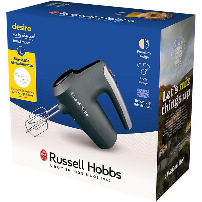 Ручний міксер Russell Hobbs (електричний ручний міксер для випічки, 5 швидкостей турборежим, віночки та гаки для тіста, які можна