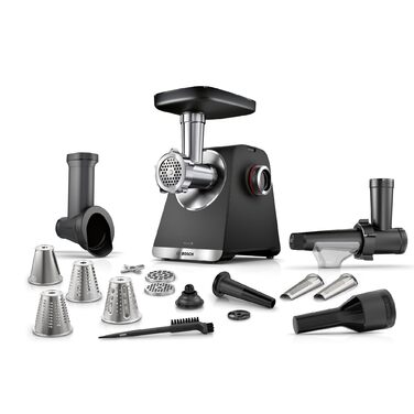 Електрична м'ясорубка Bosch MultiPower Serie 6 MFWS660B, 2100 Вт, нержавіюча сталь, 3 диски (3, 4.5, 8 мм), насадки для ковбас, кеббе та тертя, соковижималка, чорна