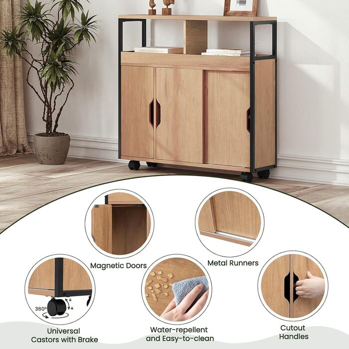 Шафка для ванної кімнати EUGAD, вузька нішева шафка, шафка для ванної кімнати з 2 відкритими відділеннями, регульована полиця, розсувні дверцята, нішева полиця з колесами, 70x70x20 см, чорний світлий дуб E1-MDF метал 70x20x70 см