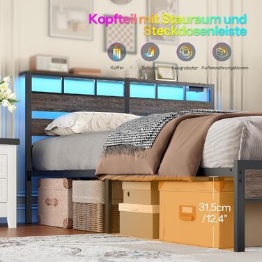 Ліжко HOOBRO 180 x 200 з рейковою основою, двоспальне ліжко з узголів&39ям, світлодіодне освітлення, зарядна станція (2AC, 2USB-A), каркас ліжка 180 x 200 см, металеве ліжко для спальні/гостьової кімнати, антрацит EBC80CDBF01 180 x 200 x 103 см