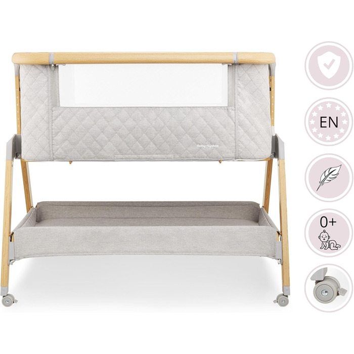 В-1 приліжкове ліжечко/дитяче ліжечко та дорожнє ліжечко з матрацом - 7-рівневе регулювання висоти, знімна бічна панель, 4 транспортні колеса, для дітей вагою до 9 кг, 3-