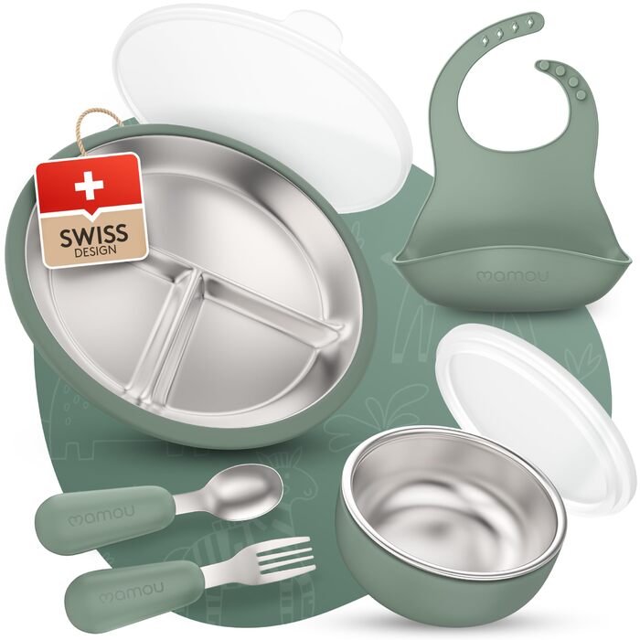 Дитячий набір посуду з нержавіючої сталі mamou, 6 предметів Тарілка та миска з кришкою, столові прибори та нагрудник Без бісфенолу А, гігієнічний та несмачний Екологічний та довговічний Дитячий та малюковий колір
