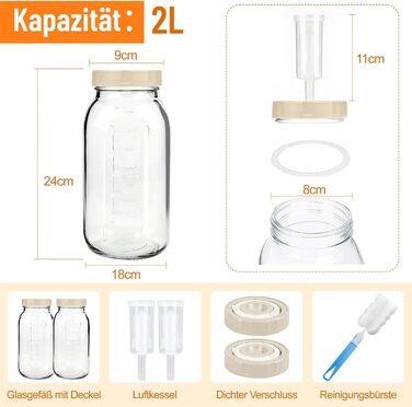 Банки для ферментації, упаковка з 2 шт., місткість 2 л, контейнери для кімчі з гідрозатвором та індикатором дати, банки для ферментації з широким горлом, ідеально підходять для ферментації кімчі, квашеної капусти, закваски, 2 л (з індикатором дати)