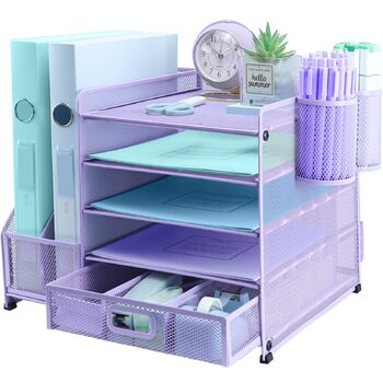 Органайзер для столу, тримач для файлів з 2 тримачами для ручок, 5 рівнів, лоток для паперів та листів з шухлядою, сітчастий настільний органайзер з тримачем для журналів та канцелярського приладдя, фіолетовий/фіолетовий, 5 рівнів