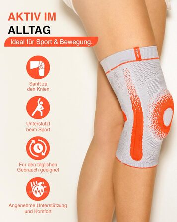 Колінний бандаж GENU-HiT Supreme для правого та лівого коліна - Медичний бандаж для коліна з кільцем надколінка та бічними стабілізаторами для оптимальної стабільності коліна у повсякденному житті - Платиновий розмір 6