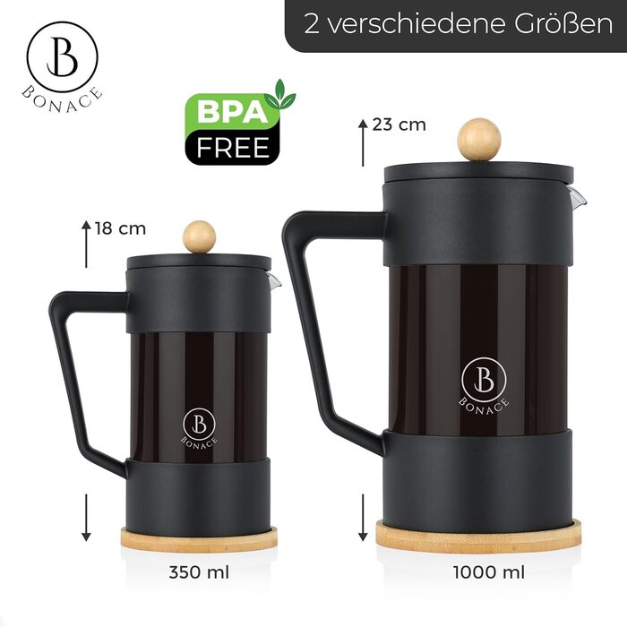 Френч-прес BONACE Glass Кавоварка на 5 чашок Прес для кави 1 л Колір чорний 2 змінні фільтри з нержавіючої сталі з бамбуковою підставкою НЕ МІСТИТЬ БІСФЕНОЛУ А Подарункова коробка 1 літр