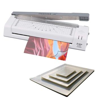 Професійний ламінатор A350 для форматів DIN A3-A7 Включає різак та обрізувач країв Зі 100 пакетами для ламінування 20 шт. A4, 20 шт. A5, 20 шт. A6, 40 шт. візитні картки 60 x 95 мм
