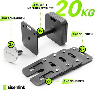 Регульована квадратна гантель Eisenlink (, 20 кг) інноваційна ультракомпактна гантель з протиковзаючим грипом для фітнесу та тренувань вдома